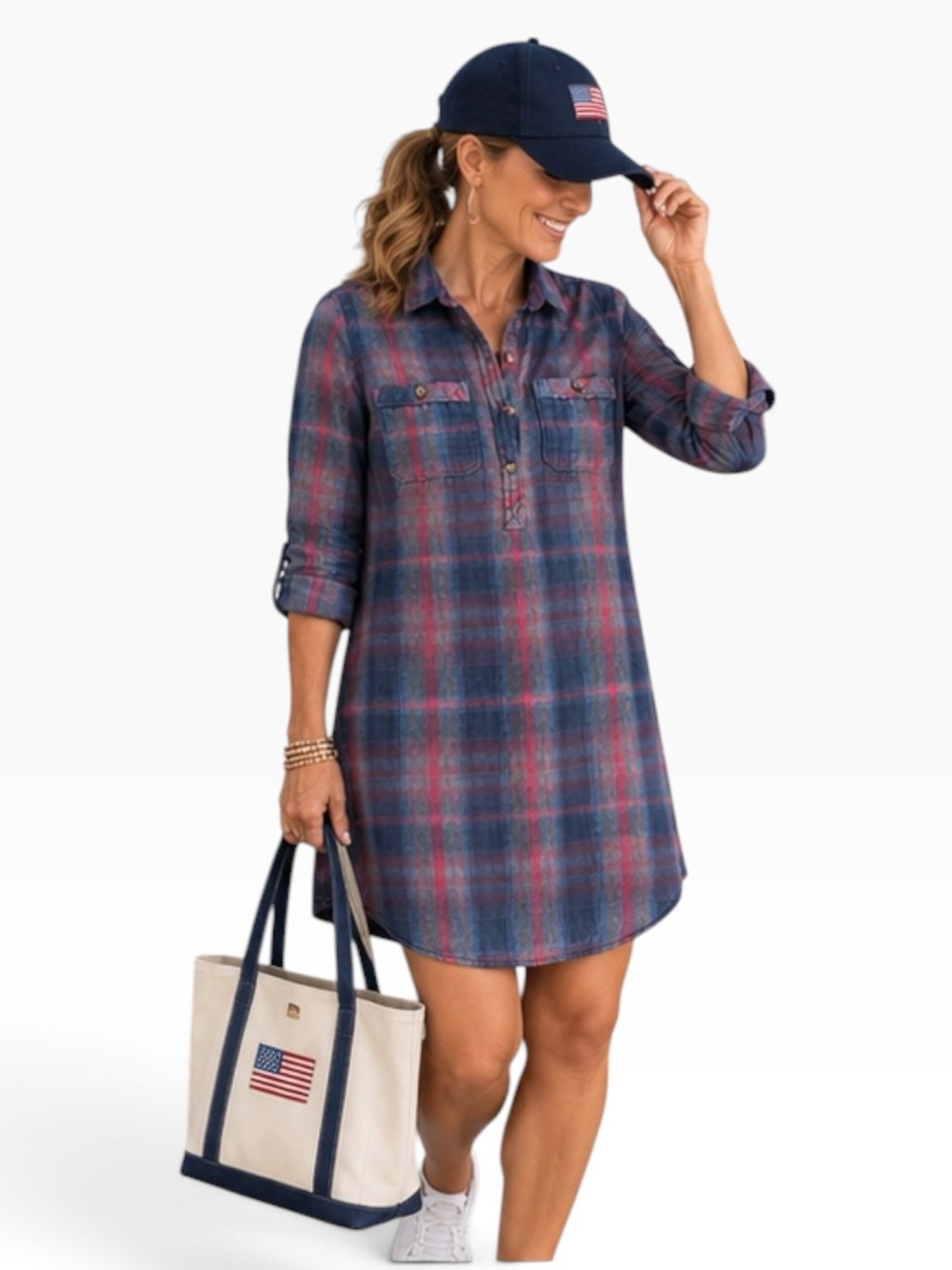 Plaid Long-Sleeve Shirt Dress - Blue & Pink